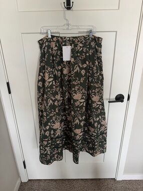 Polagram Olive Green Maxi Skirt with Beige Floral Print